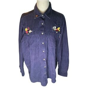 Y2K Disney Mickey Navy Corduroy Button Down Shirt  Embroidered 90s / Early 2000s